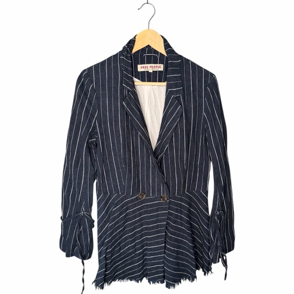 Free People Coat Jacket Stella Blazer Linen Fringed Hem - Navy Stripe - Picture 4 of 11